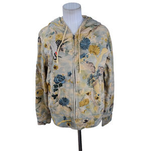 Lucky Brand Hoodie Womens XL Embroidered Crane Floral Zip Sweatshirt Y2K Asian